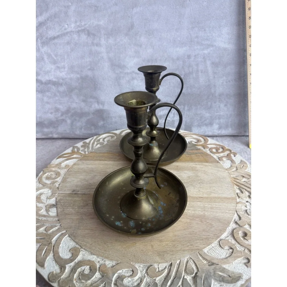 Vintage‎ Solid Brass Chamberstick Candle Holders Pair Finger Loop Handle 7 Inch